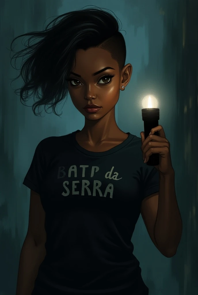 20 year old black woman with a mysterious expression with styled hair and an undercut with black eyes, a bit of a dyke, she is also very sporty, excellent swimmer wearing a white summer camp t-shirt with Alto da Serra written in dark red gym dc comics style dc comics style