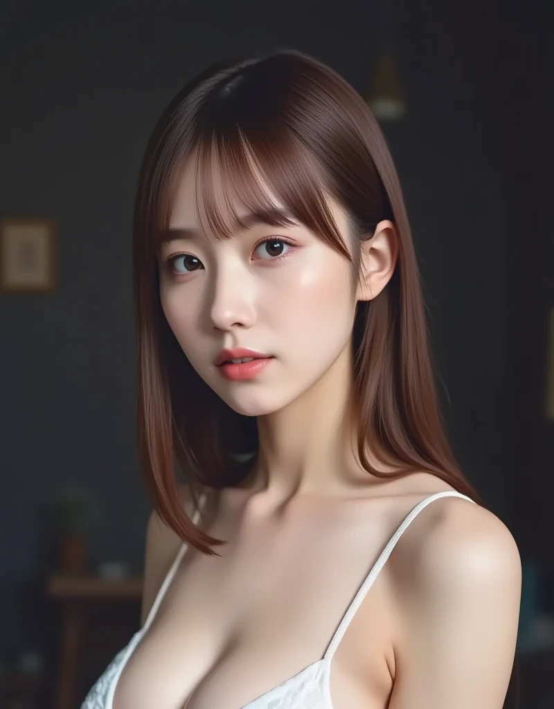 1girl, 25years old woman, cute face, Small breasts, medium breasts, large breasts, beautiful face, (perfectly detailed face), ((looking at viewer)), Simple Background, ((white background)), ((white wallpaper)), White skin, (bright lighting:1.2), perfect lighting, Profile, focus on face, face turned to the side, photorealistic, (bokeh), UHD, anatomically correct, highres, 4K, 8k