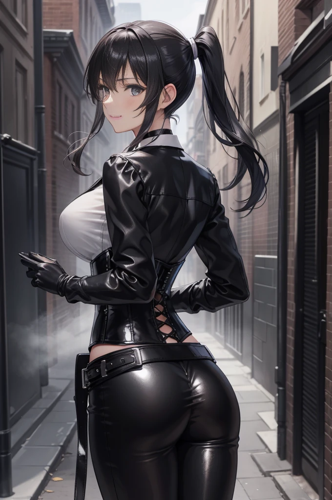  masterpiece ,  Best quality, high resolution, beautiful detailed eyes,  extremely detailed face , Detailed CG, 1 girl; standing,  big breasts shirt,  seen from behind,  Perfect Ass,  tender expression , draw smile,  black hair short ponytail, brown eyes, He wears black headphones , choker:1.6, (( white buttoned shirt )), (black leather corset), ( black gloves), ( shiny black leather pants), Gothic alley ,  city gothic style background, night, fog