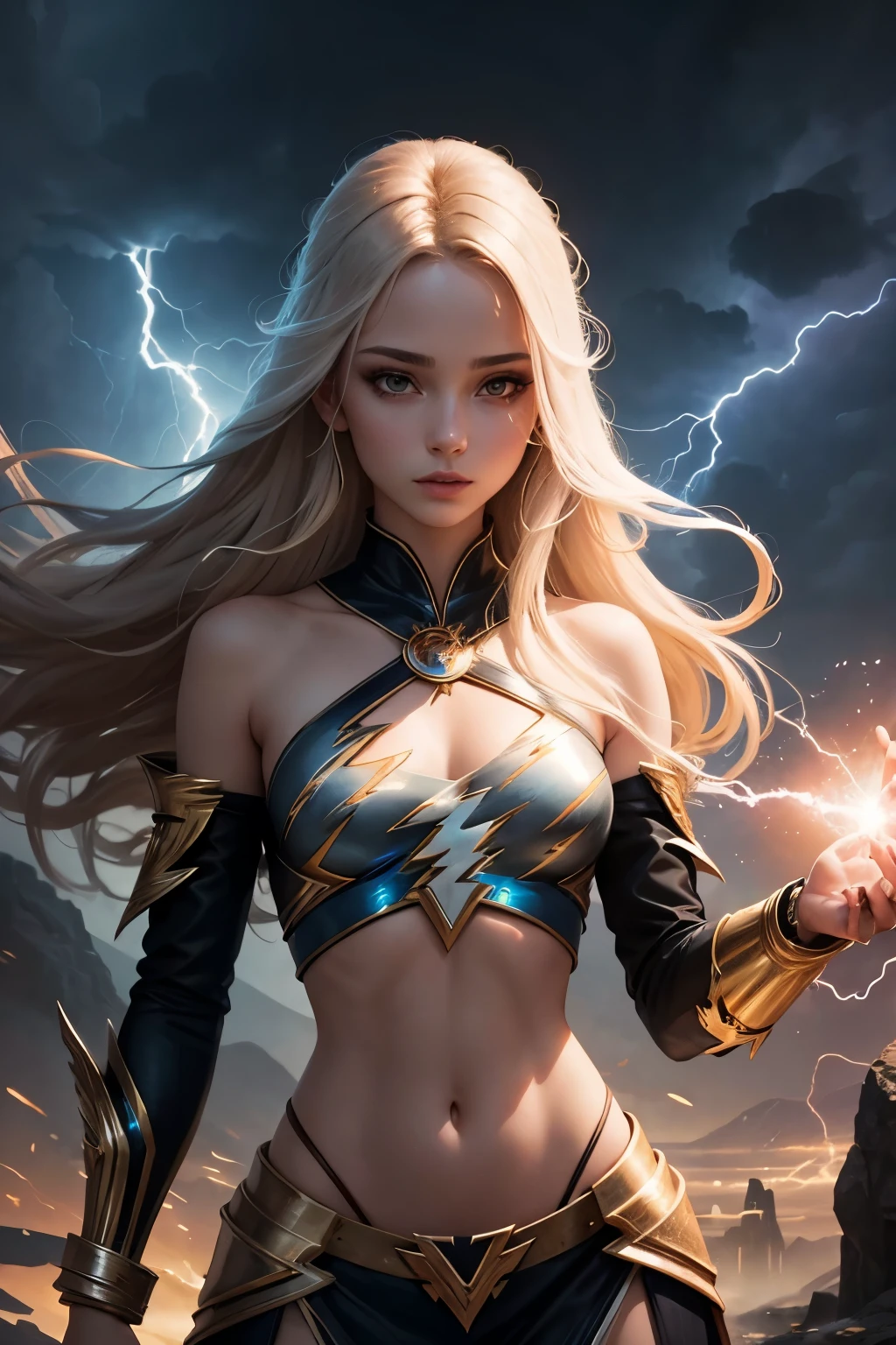(Absurd, High resolution), 16K, (Panorama), 18-year-old, 1 person, Severe, Dark green eyes, Open your arms, Short right swept dandy Blonde, Blonde, Black coat, White underwear, Extremely detailed, lightning, magic, magic Array, Exaggerated light, Shine, magic, floating, evening, good looking、wearing a red cloak