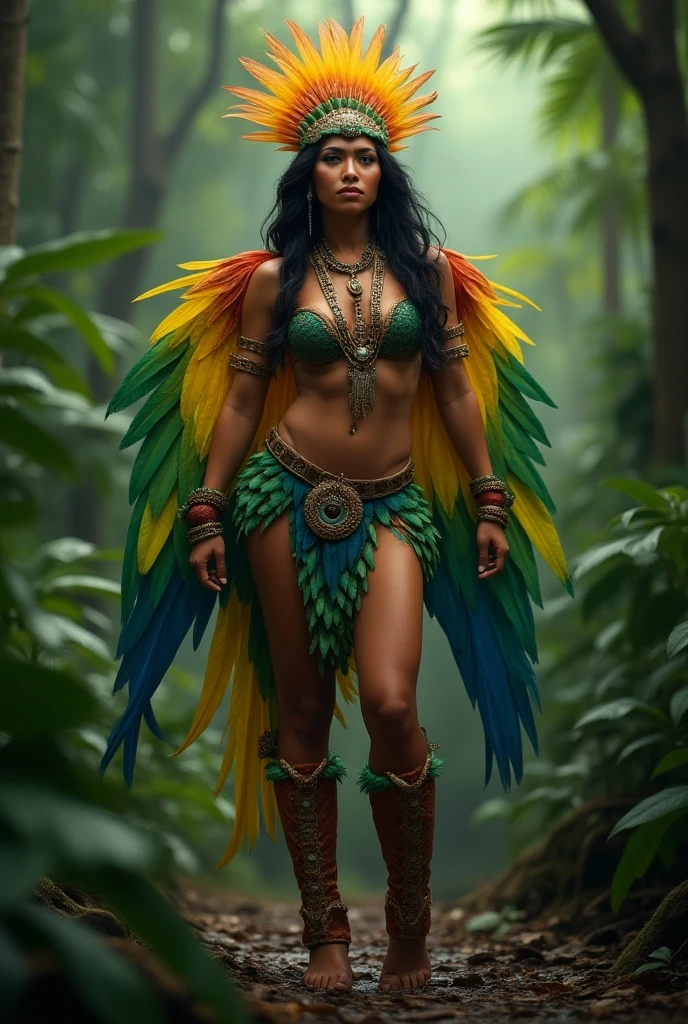Realistic full-body portrait, with beautiful breasts, dressed in feathers, Brazilian Indian woman in the middle of a forest --auto --s2