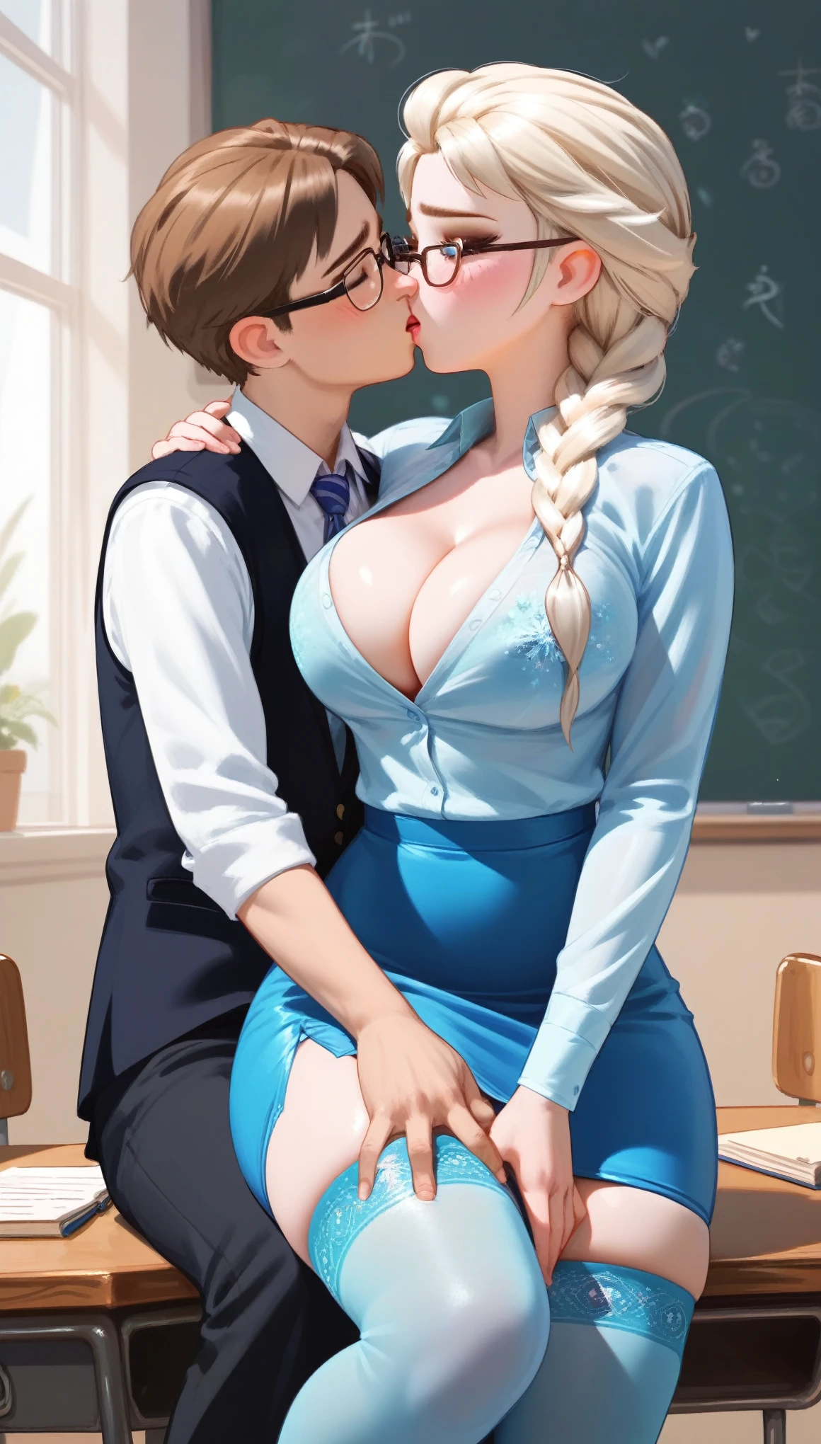 score_9, score_8_up, score_7_up, score_6_up, score_5_up, score_4_up, (Elsa frozen, long white braid, blue tight stockings, transparent stockings, teacher uniform, skirt, unbutton shirt, glasses), shy, blushed, cleavage, big breast, Elsa sitting on a desk, boy is standing, (((young man kissing her, grab her thighs))), indoor, classroom, dynamic angle, royalty, Elsa wraps her hips around boy, 