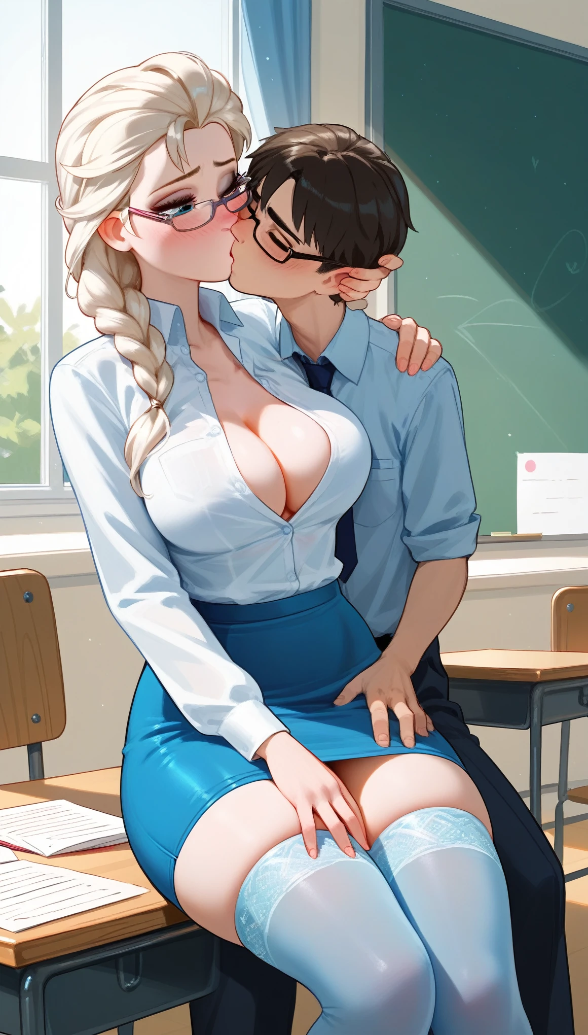 score_9, score_8_up, score_7_up, score_6_up, score_5_up, score_4_up, (Elsa frozen, long white braid, blue tight stockings, transparent stockings, teacher uniform, skirt, unbutton shirt, glasses), shy, blushed, cleavage, big breast, Elsa sitting on a desk, boy is standing, (((young man kissing her, grab her thighs))), indoor, classroom, dynamic angle, royalty, Elsa wraps her hips around boy, 