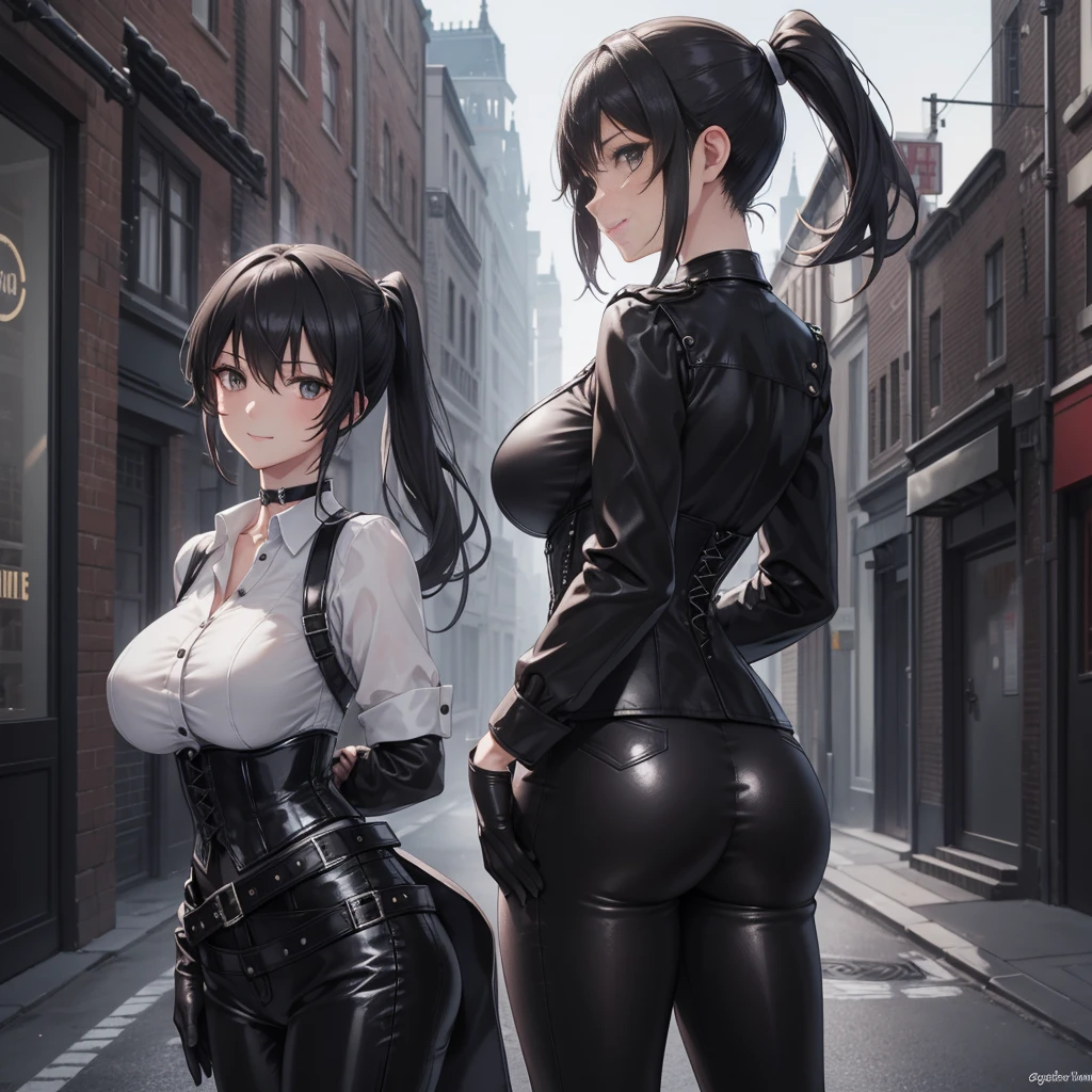  masterpiece ,  Best quality, high resolution, beautiful detailed eyes,  extremely detailed face , Detailed CG, 1 girl; standing,  big breasts shirt,  seen from behind,  Perfect Ass,  tender expression , draw smile,  black hair short ponytail, brown eyes, He wears black headphones , choker:1.6, (( white buttoned shirt )), (black leather corset), ( black gloves), ( shiny black leather pants), Gothic alley ,  city gothic style background, night, fog