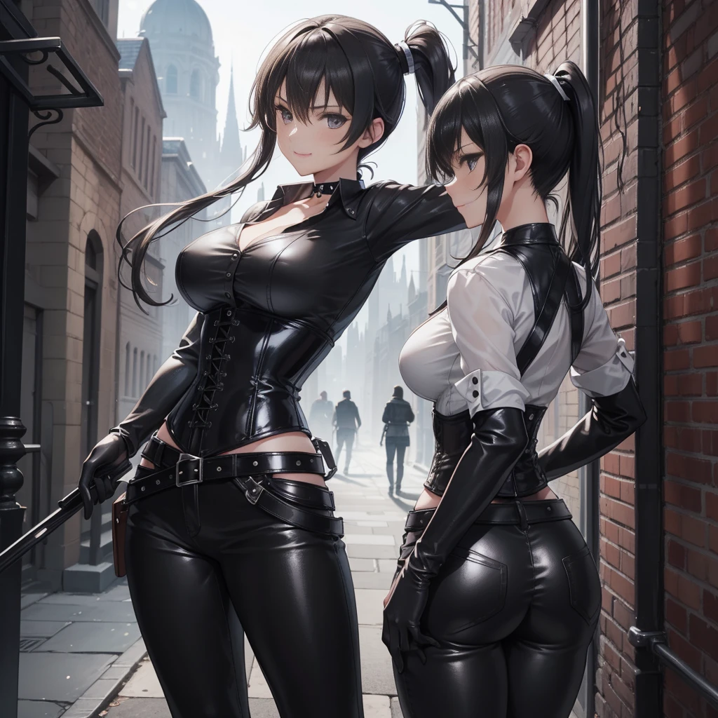  masterpiece ,  Best quality, high resolution, beautiful detailed eyes,  extremely detailed face , Detailed CG, 1 girl; standing,  big breasts shirt,  seen from behind,  Perfect Ass,  tender expression , draw smile,  black hair short ponytail, brown eyes, He wears black headphones , choker:1.6, (( white buttoned shirt )), (black leather corset), ( black gloves), ( shiny black leather pants), Gothic alley ,  city gothic style background, night, fog