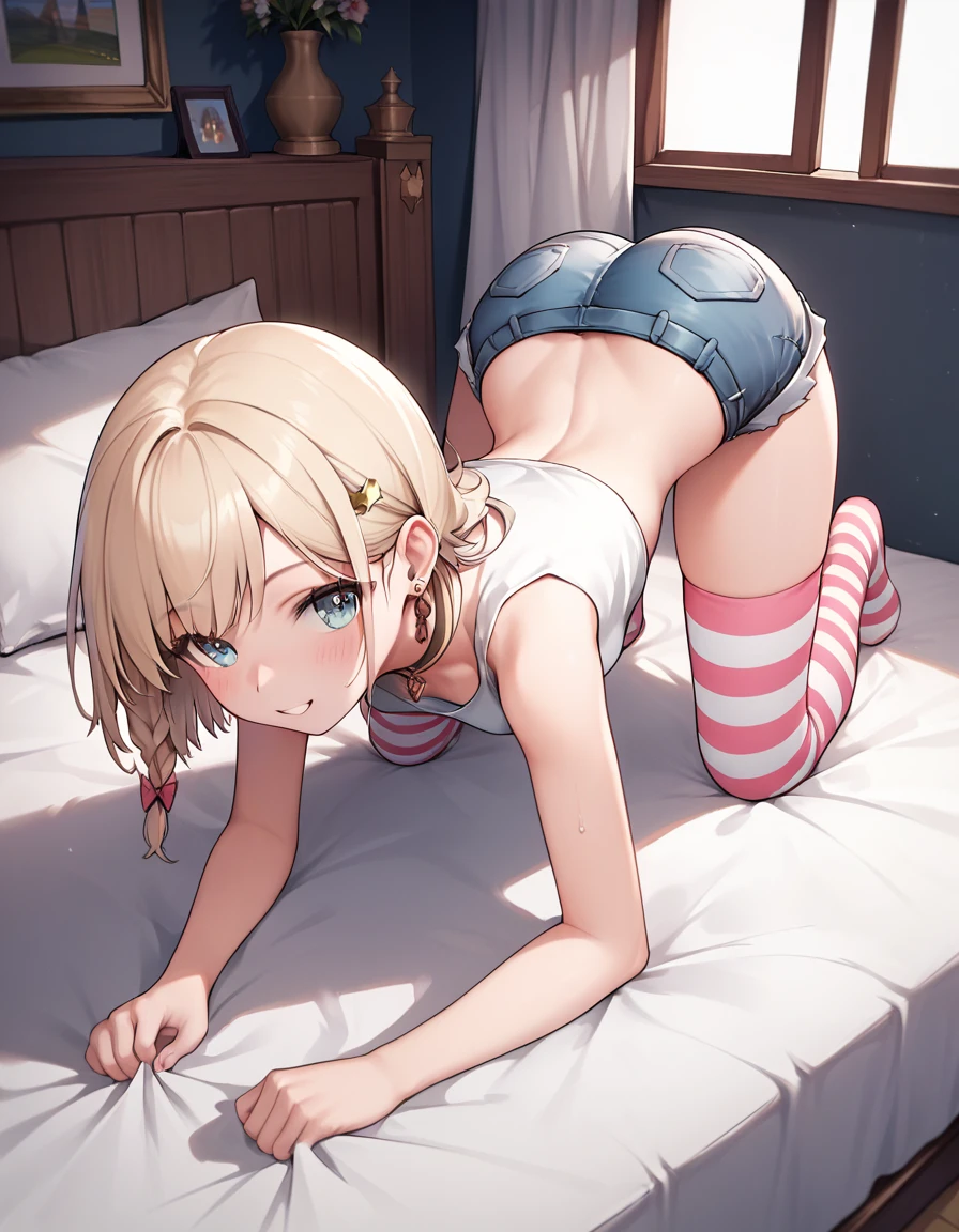 score_9, score_8_up, score_7_up, score_6_up, rating_safe, (masterpiece, best quality), 1girl, small breasts, small hips, crop top, loose denim shorts, bedroom, striped thighhighs, pervert, bare ass, on all fours,