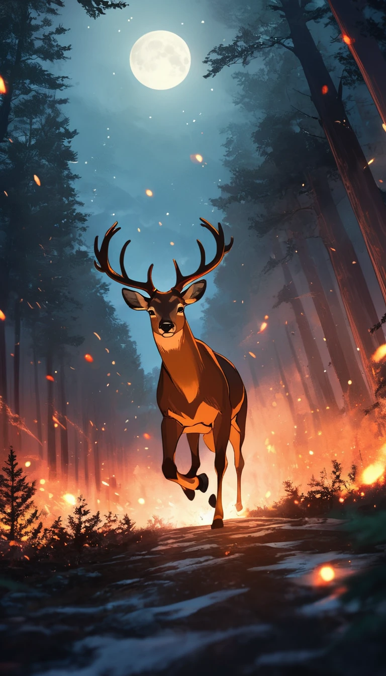 score_9, score_8_up, score_7_up, score_6_up, low angle, anime, no human, a deer, running, forest, night, forest on fire, smokey environment, blurry, ember, flare, fire sparks, moonlight