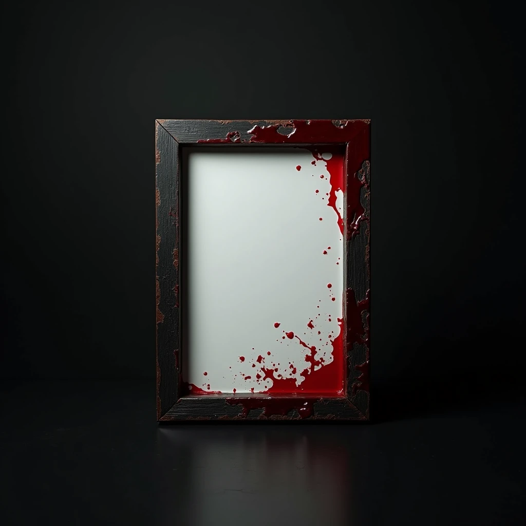 A card border UI,Modern urban minimalist style,Noble and elegant dark suspense style,Leave a square blank space in the middle,There is a ruby under the bezel,There are sapphires on the left and right corners.。Redwood frame,Parchment backing,There are blood stains on it。Black and white main color。