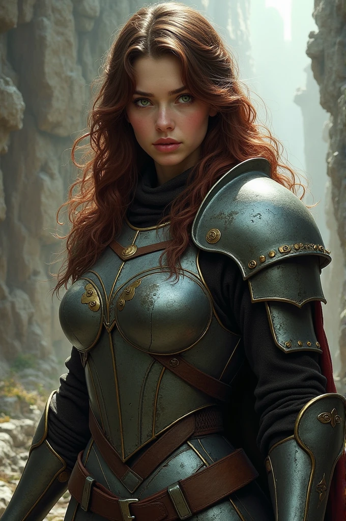 A goddess with long brown wavy hair with a strong features, and have a sword and shield she can use her brown eyes to control someone 