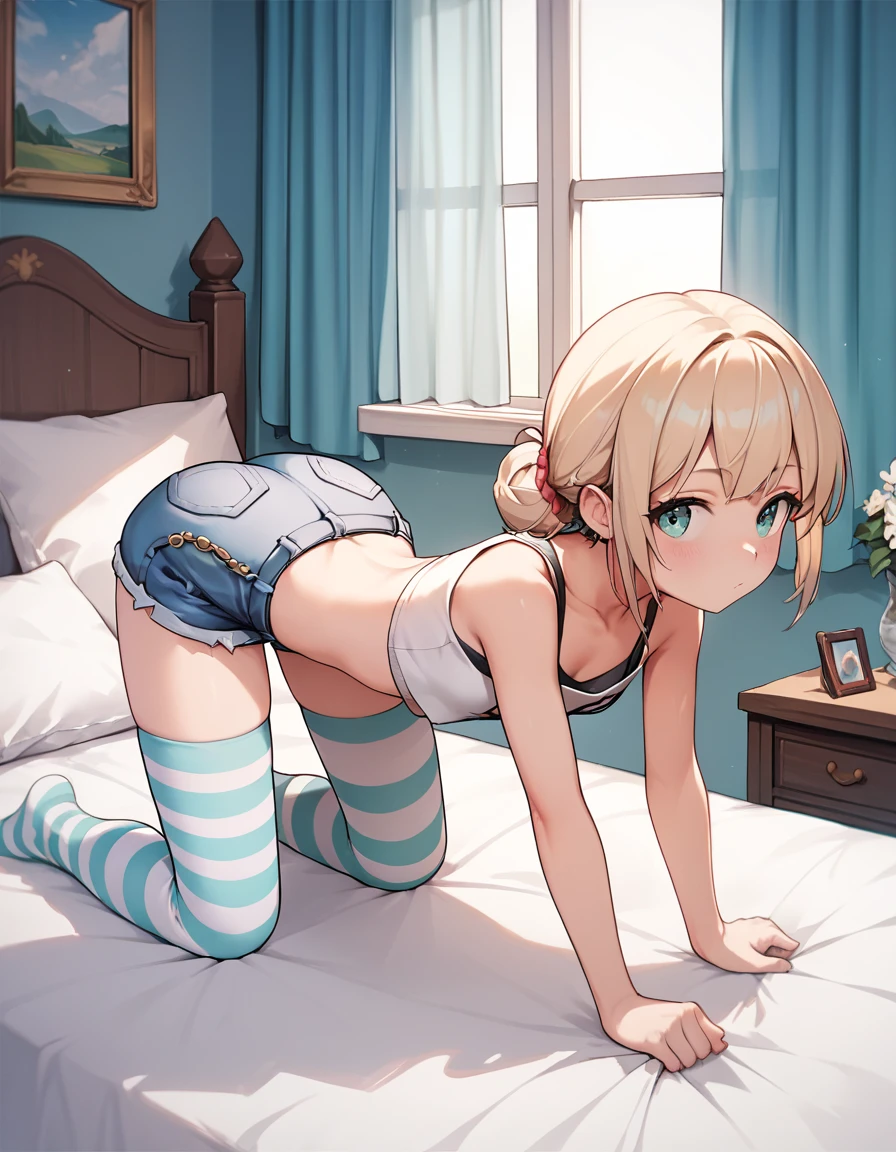 score_9, score_8_up, score_7_up, score_6_up, rating_safe, (masterpiece, best quality), 1girl, small breasts, small hips, crop top, loose denim shorts, bedroom, striped thighhighs, pervert, bare ass, on all fours,