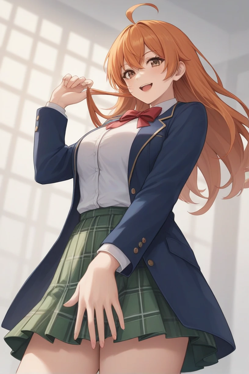 best quality,masterpiece,looking at viewer,absurdres,1girl,score_9,score_8_up,score_7_up,source_anime BREAK natsume aya,orange hair,long hair,brown eyes,ahoge,breasts,white ,skirt,bow,plaid,large breasts,jacket, plaid, green plaid skirt, blue blazer, evil smile, front below