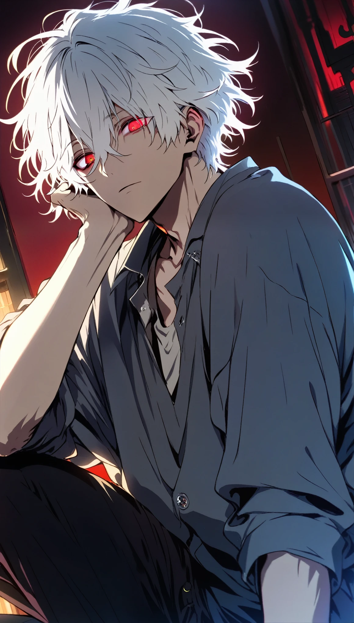 (solo), (1 male), (1 man), (handsome man), (one man with white hair, red eyes), short hair, messy hair, ((masterpiece)), (stylish), dynamic angle, (detailed face, detailed eyes), sitting in a relaxed pose, sinister atmosphere