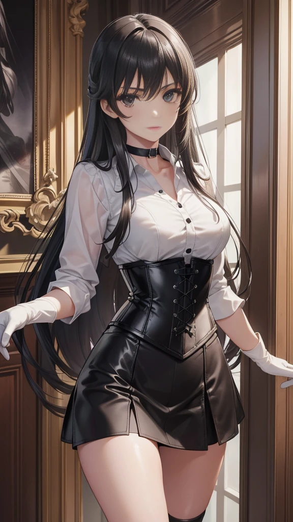  masterpiece ,  Best quality, high resolution, beautiful detailed eyes,  extremely detailed face , Detailed CG, 1 girl; standing,  view from the front,  serious expression ,   long black hair , black eyes, choker:1.6, (( white buttoned shirt )), (black leather corset), ( black gloves), (Black miniskirt), (brown stockings), elegant hallway ,  mansion, by day