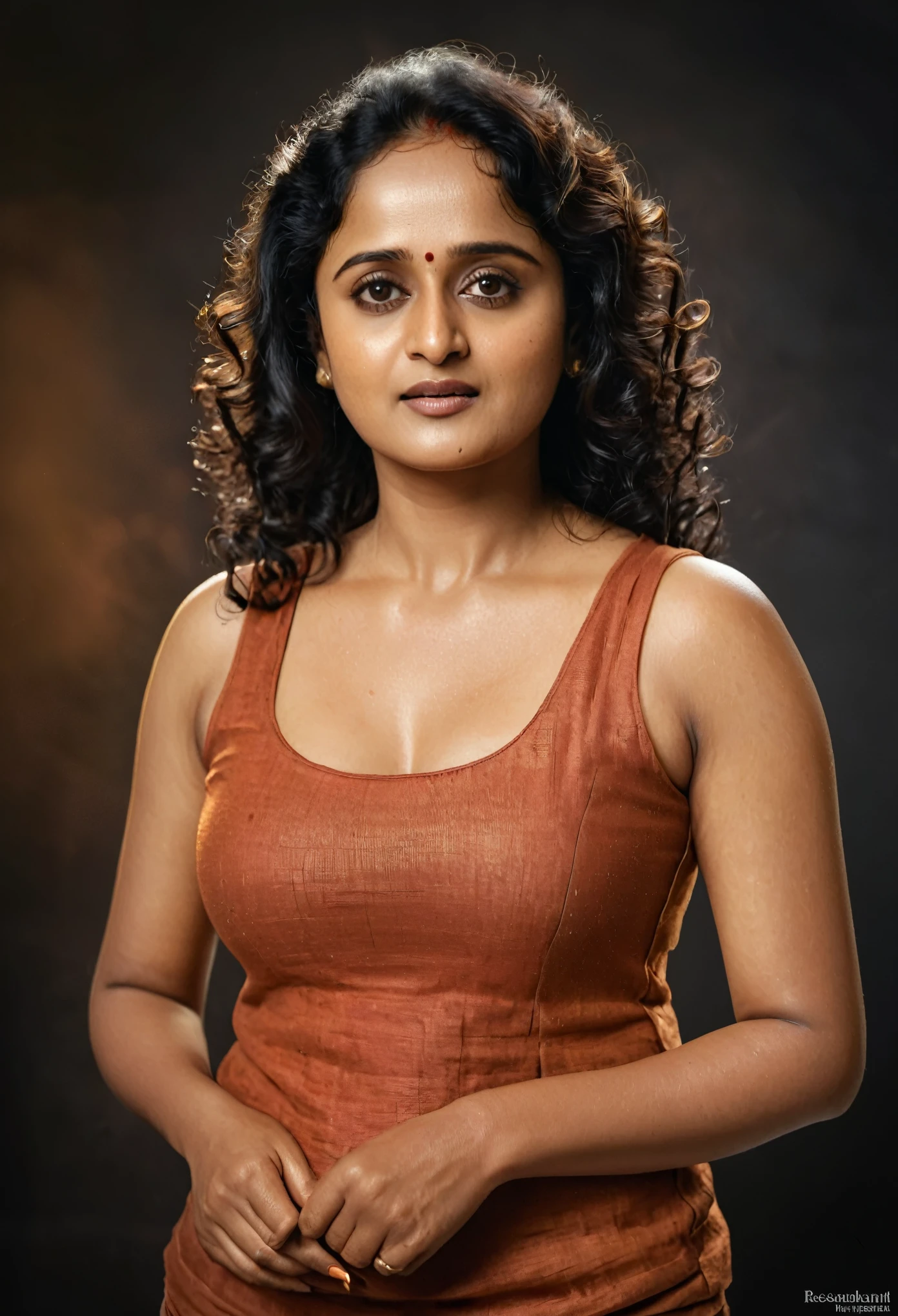 Looks like Anushka Shetty, a photo portrait of a beautiful girl 55 years old, mature woman, fleshy figure, juicy figure, with curls, styled black hair, (face portrait:1.5), dramatic light, Rembrandt lighting scheme, bust shot, linen tank top , top quality editorial photograph, insanely detailed skin texture, skin pores, a beautiful mole on her breast visible, freckles 0.1, chocolate skin, high quality skin, top quality photography, professional photography, professional retouching, insane detailing, warm moody tones, detailed stubble armpits, 