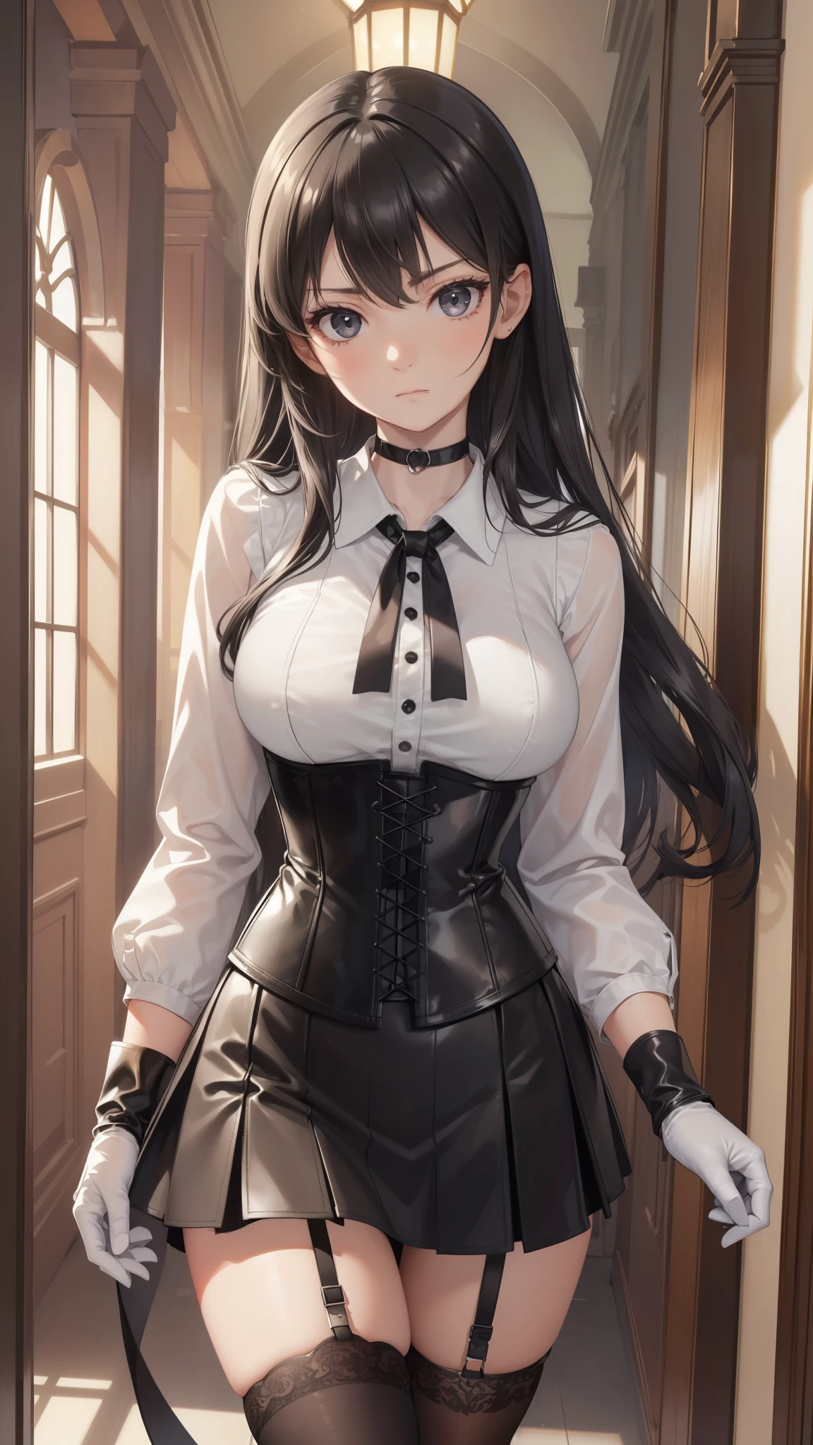  masterpiece ,  Best quality, high resolution, beautiful detailed eyes,  extremely detailed face , Detailed CG, 1 girl; standing,  view from the front,  serious expression ,   long black hair , black eyes, choker:1.6, (( white buttoned shirt )), (black leather corset), ( black gloves), (Black miniskirt), (brown stockings), elegant hallway ,  mansion, by day