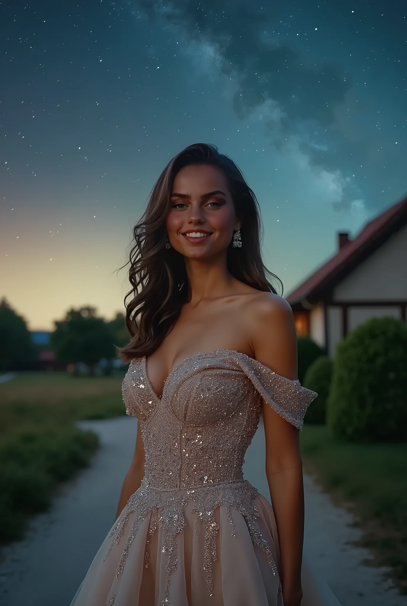 a woman in formal dress holding a glass of champaign, with the view from a penthouse balcony, view spanning across the city, rooftops, spires, midnight, cinematic photo, 35mm photograph, film, professional, 4k, highly detailed, cross lighting