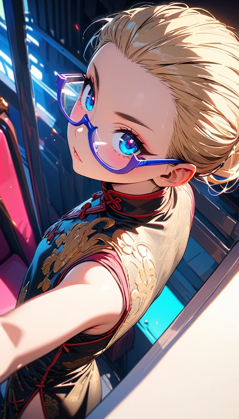 Speedy Shot,(Top quality masterpiece),detailed,ultra detailed,hyper detailed,insanely detailed,Exquisite,Beautiful Full HD,16k,cute,Fantasy,A vibrant academic community,Soft line design,Soft　Surface,Simple line drawing,The best light,Fast Shutter Speed,  depth of border described,Highly saturated colors,Vibrant colors,Vibrant colors,BREAK,
(12yo),skinny,flat chested,(forehead,hair slicked back:1.3),Beautiful blonde hair,(blue eyes),(black nodoka glasses),thick bluish eyeshadow, thin eyebrows, thick black eyeliner, Highlighted eyes with eyeliner, false eyelashes,BREAK,
maid, maid clothes,maid apron, maid headdress,frilled skirt,cowboy shot