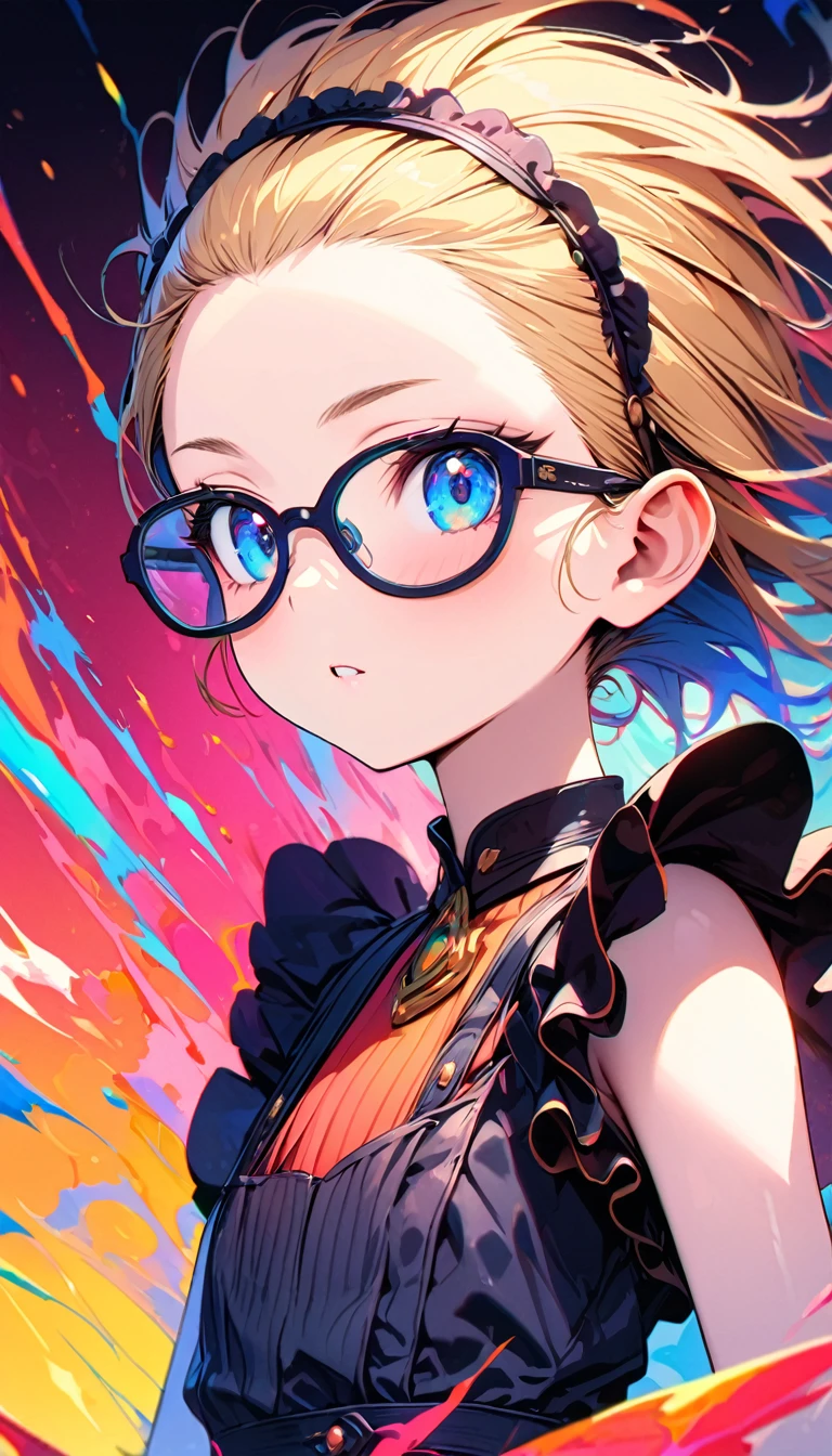 Speedy Shot,(Top quality masterpiece),detailed,ultra detailed,hyper detailed,insanely detailed,Exquisite,Beautiful Full HD,16k,cute,Fantasy,A vibrant academic community,Soft line design,Soft　Surface,Simple line drawing,The best light,Fast Shutter Speed,  depth of border described,Highly saturated colors,Vibrant colors,Vibrant colors,BREAK,
(12yo),skinny,flat chested,(forehead,hair slicked back:1.3),Beautiful blonde hair,(blue eyes),(black nodoka glasses),thick bluish eyeshadow, thin eyebrows, thick black eyeliner, Highlighted eyes with eyeliner, false eyelashes,BREAK,
maid, maid clothes,maid apron, maid headdress,frilled skirt,cowboy shot