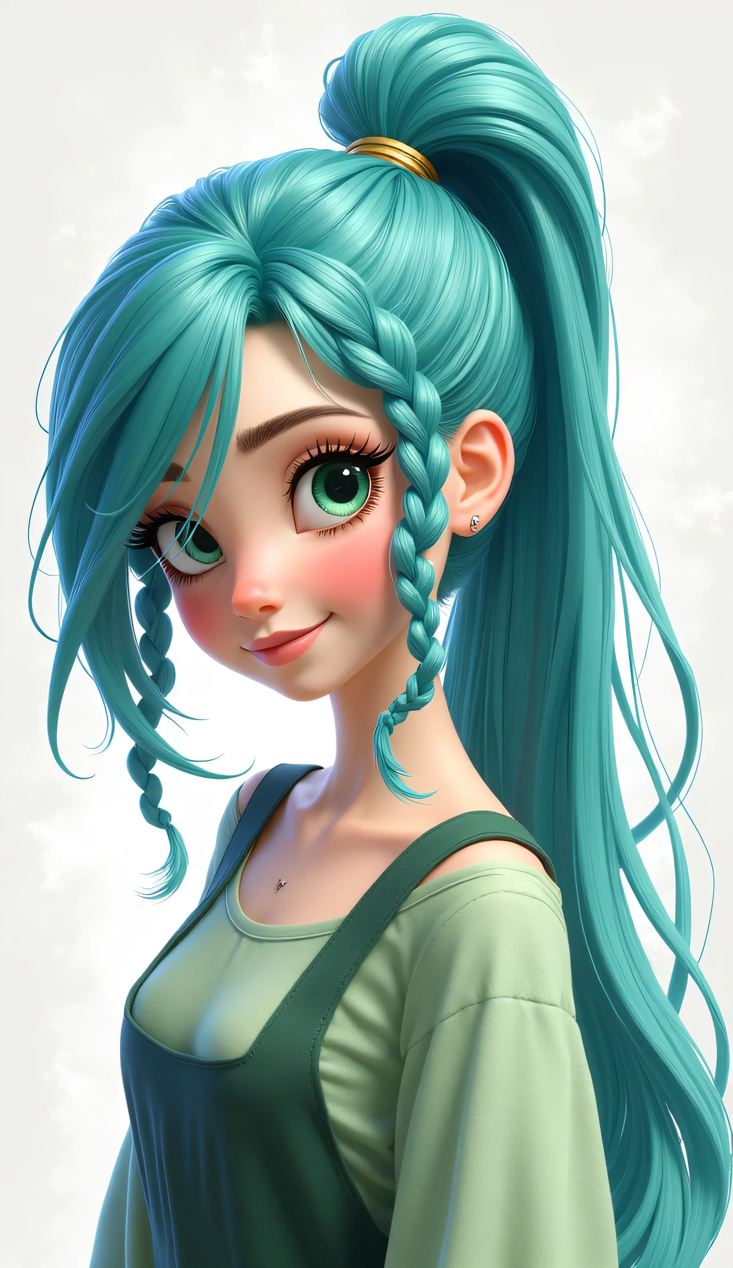 Score_9, score_8_up, score_7_up, a girl with long blue hair and green eyes, her hair is tied in a ponytail, side braids in hair, with long turquoise hair, green mane, with a ponytail, high quality art, character art, official character illustration, Disney-Pixar   