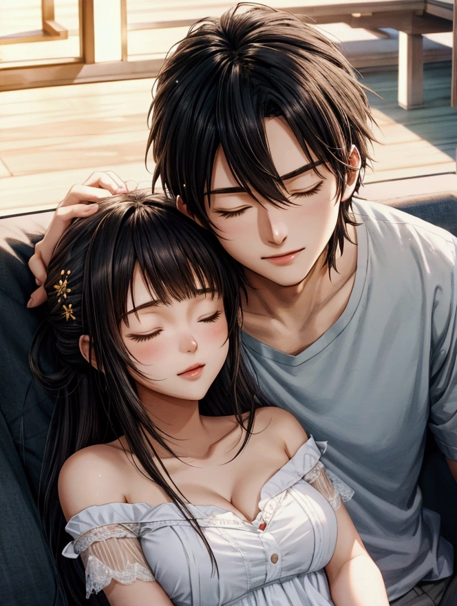 Straight couple, a boy and a girl with black hair and red eyes in love, making love
