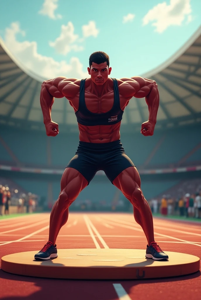 Robust champion man, torso exposed, legs bare from thighs to feet flowing long curls, meticulous muscle definition, lifelike representation, 4K resolution. Background: Stadium filled with cheering spectators,32k uhd, best quality, masterpiece, super detail, high details