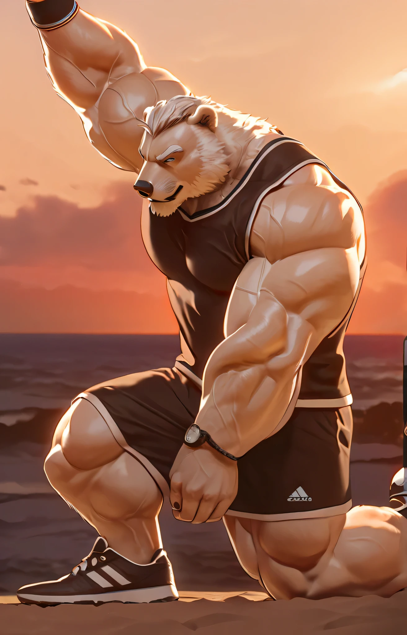 huge muscular polar bear in muscle beach, big Lou Ferrigno pumping up-like, grunting noise, polar bear, huge white fur, thick arm, huge arm, added thick mustache, added thick beard. Short white hair, weight: 310lbs, (veiny muscular, veiny pectoral, wide pectoral, thick arms), beach, palm, sunset, realistic, 8k, masterpiece, gray eyebrows added, deatiled eyes with blue pupils, (wearing black gym shorts, black wristbands added, black gym tank top, black socks and black gym shoes), doing cable crossover workouts