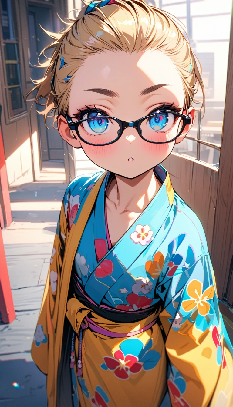 Speedy Shot,(Top quality masterpiece),detailed,ultra detailed,hyper detailed,insanely detailed,Exquisite,Beautiful Full HD,16k,cute,Fantasy,A vibrant academic community,Soft line design,Soft　Surface,Simple line drawing,The best light,Fast Shutter Speed,  depth of border described,Highly saturated colors,Vibrant colors,Vibrant colors,BREAK,
(12yo),skinny,flat chested,(forehead,hair slicked back:1.3),Beautiful blonde hair,(blue eyes),(black nodoka glasses),thick bluish eyeshadow, thin eyebrows, thick black eyeliner, Highlighted eyes with eyeliner, false eyelashes,BREAK,
maid, maid clothes,maid apron, maid headdress,frilled skirt,cowboy shot