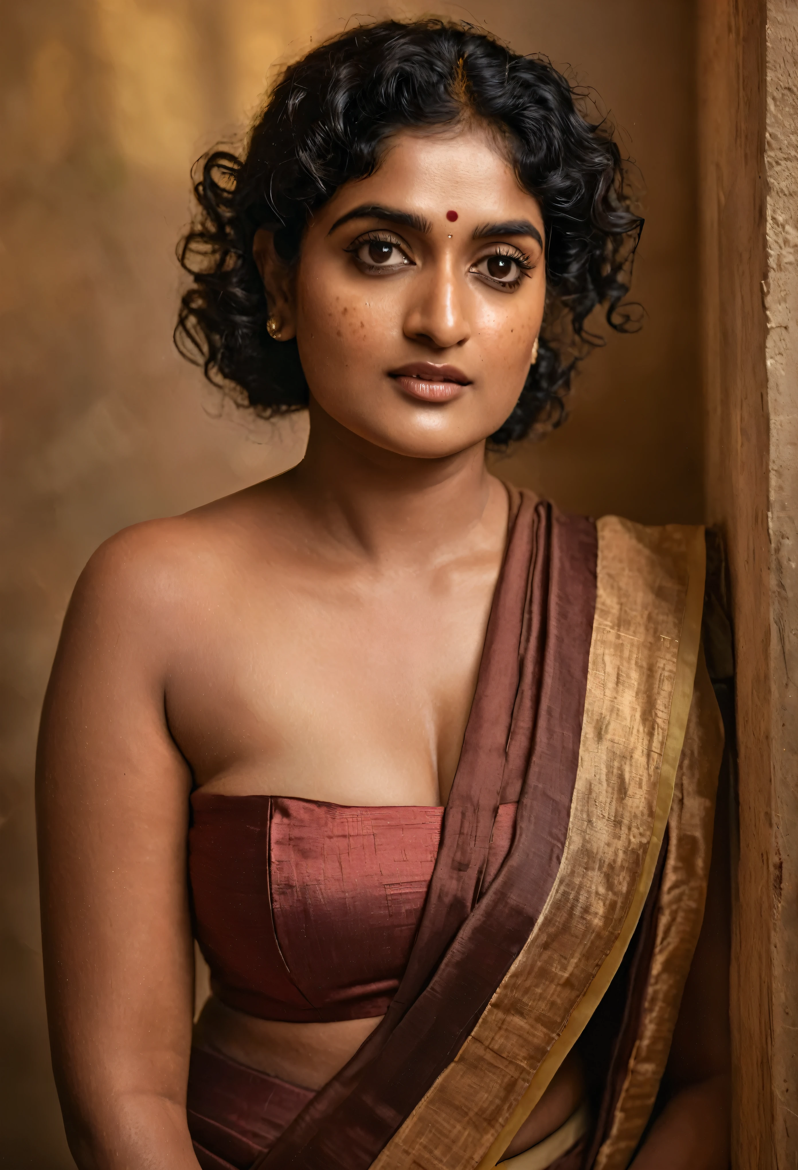 Looks like Nivetha Thomas, a photo portrait of a beautiful Indian actress 45 years old, with curls, styled black hair, (face portrait:1.5), dramatic light, Rembrandt lighting scheme, bust shot, Wearing a linen strapless tube Bra with sexy designer  saree, top quality editorial photograph, skin texture, skin pores, chocolate skin, high quality skin, top quality photography, professional photography, professional retouching, insane detailing, spicy hot, warm moody tones, dusky beauty, freckles: 0.1, mole on breast visible, 