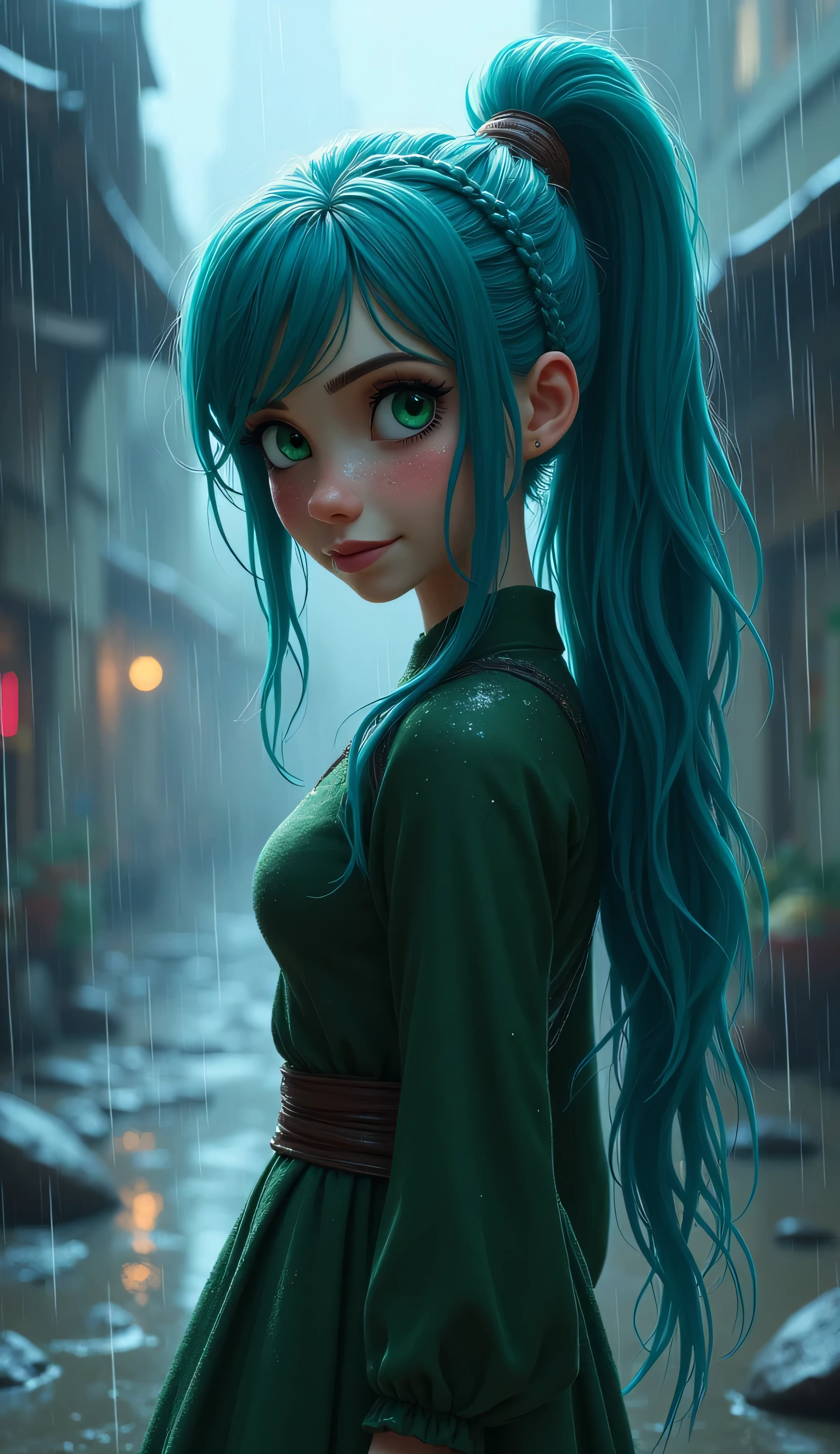 Score_9, score_8_up, score_7_up, a girl with long blue hair and green eyes, her hair is tied in a ponytail, side braids in hair, with long turquoise hair, green mane, with a ponytail, high quality art, character art, official character illustration, (poorly lit and rainy place, her body is wet from the rain), Disney-Pixar   