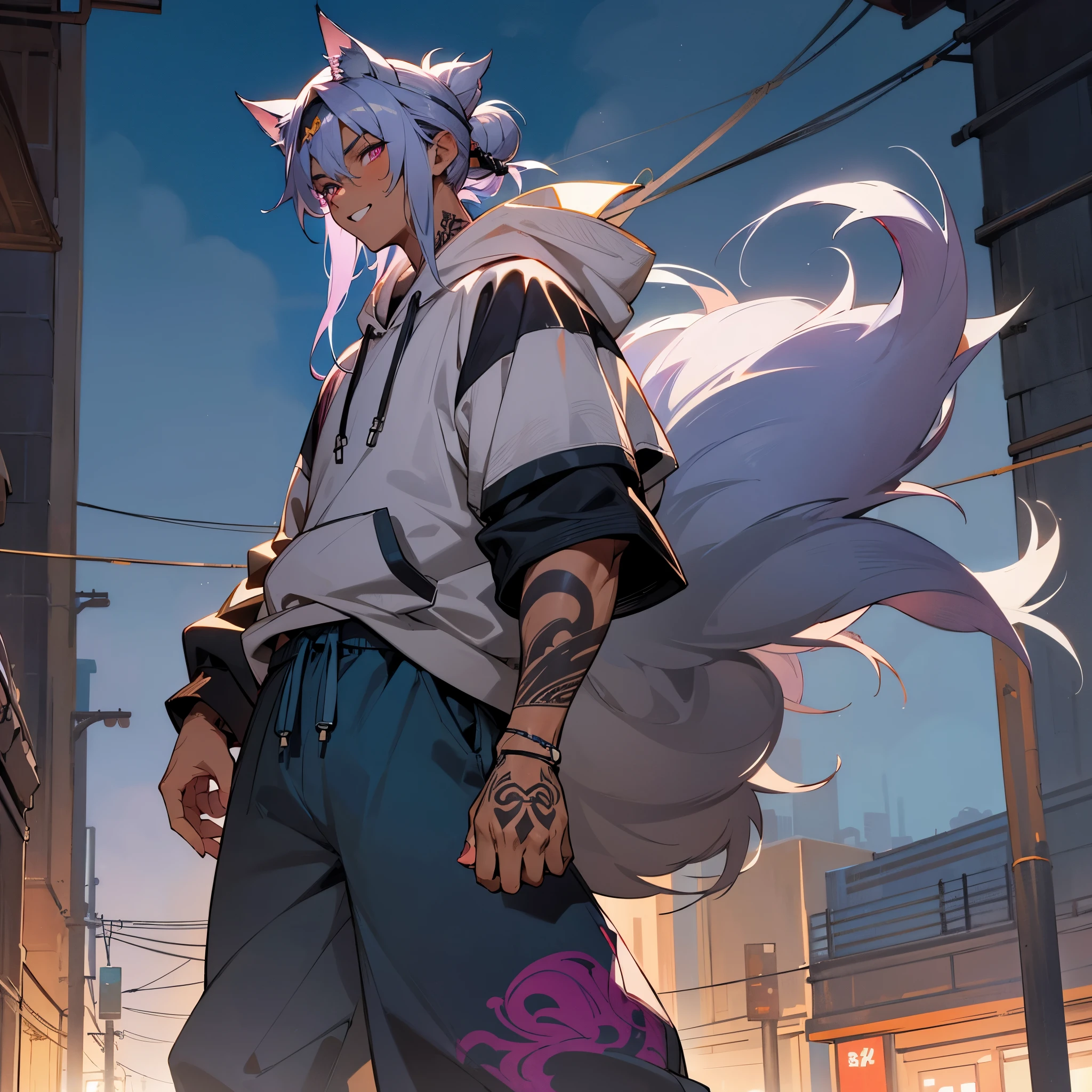 1male,  adult, dark skin, finely detailed plum eyes, messy top bun, wild long hair, grey hair color with blue highlights, designer hoodie, baggy pants, standing on street, night time, tokyo streets, excited expression, muscular, tattoos, holding soda In hand, wolf ears, wolf tail, backwards baseball cap