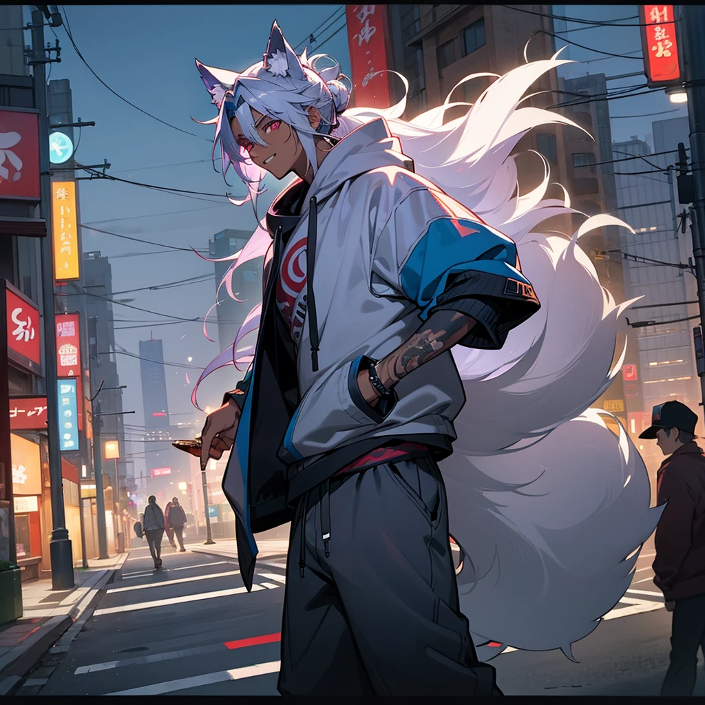 1male,  adult, dark skin, finely detailed plum eyes, messy top bun, wild long hair, grey hair color with blue highlights, designer hoodie, baggy pants, standing on street, night time, tokyo streets, excited expression, muscular, tattoos, holding soda In hand, wolf ears, wolf tail, baseball cap