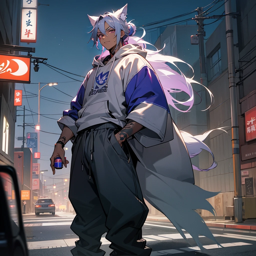 1male, young adult, dark skin, finely detailed plum eyes, messy top bun, wild long hair, grey hair color with blue highlights, designer hoodie, baggy pants, standing on street, night time, tokyo streets, excited expression, muscular, tattoos, holding soda In hand, wolf ears, wolf tail, backwards baseball cap