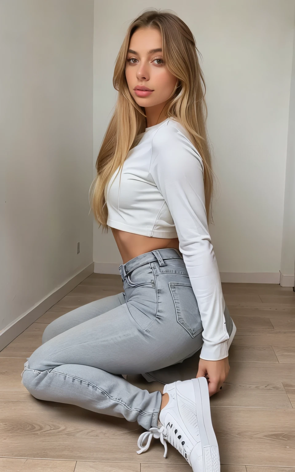 female, blonde long hair, green eyes, pale skin, (((1girl))), (((white long sleeve t-shirt))), (light blue denim pants), (black belt), (black flats), cute and sexy, large breasts, large butt, full body, long legs, smiling