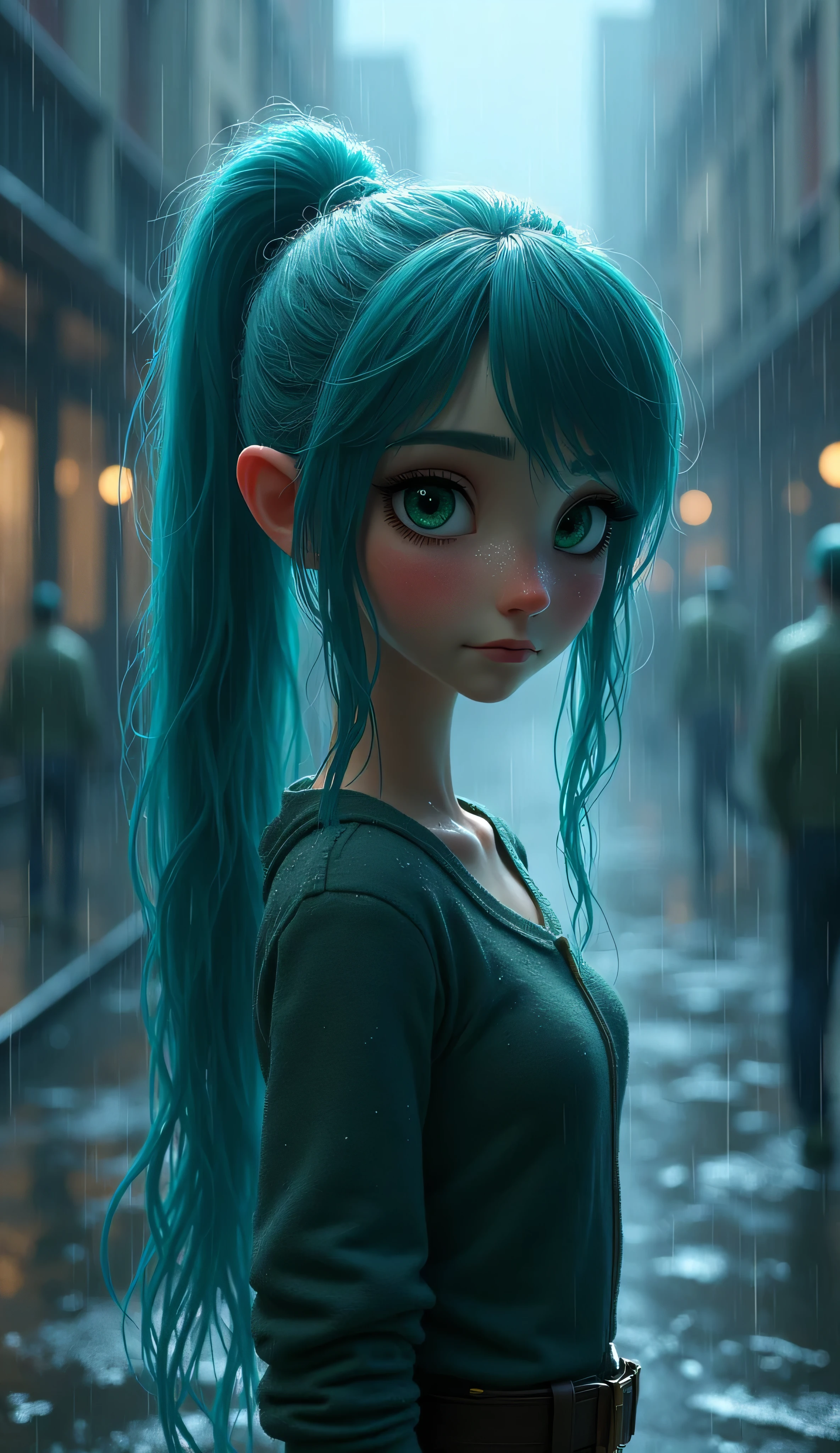 Score_9, score_8_up, score_7_up, a girl with long blue hair and green eyes, her hair is tied in a ponytail, side braids in hair, with long turquoise hair, green mane, with a ponytail, high quality art, character art, official character illustration, (poorly lit and rainy place, her body is wet from the rain), Disney-Pixar