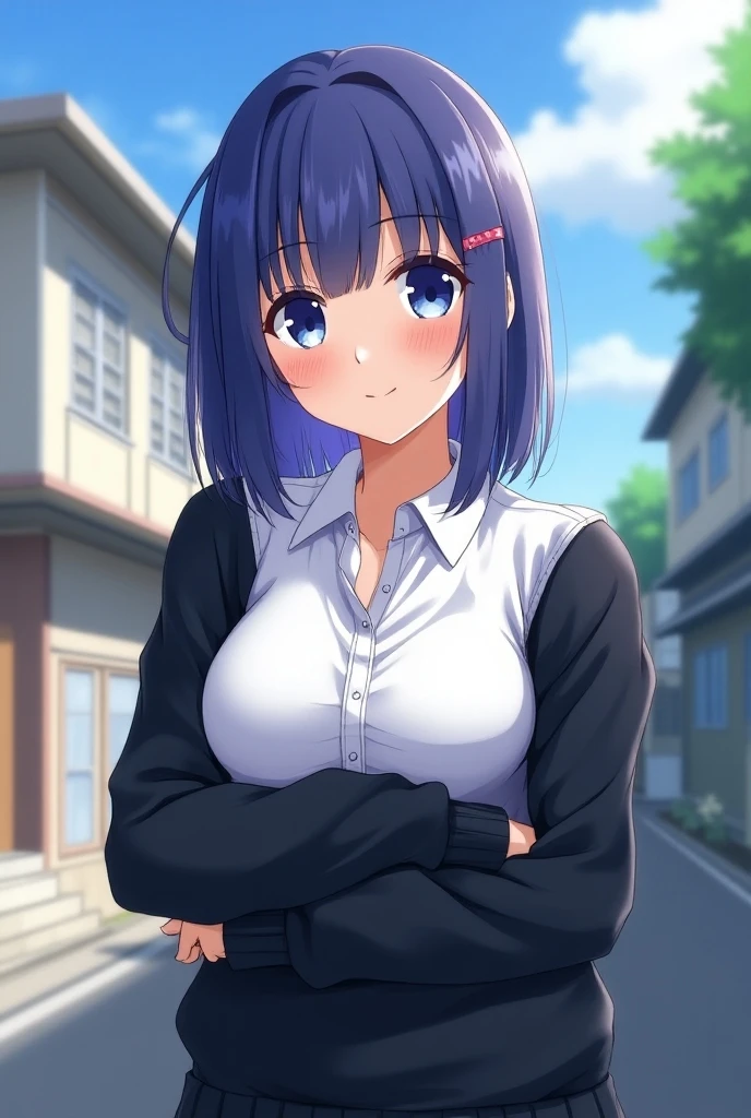 masterpiece, best quality, high resolution, extremely detailed, detailed background, cinematic lighting, 1girl, cute, medium breasts, nude, public indecency, looking at viewer, buildings, outdoor, cherry blossoms, bokeh, blue hair, blue eyes