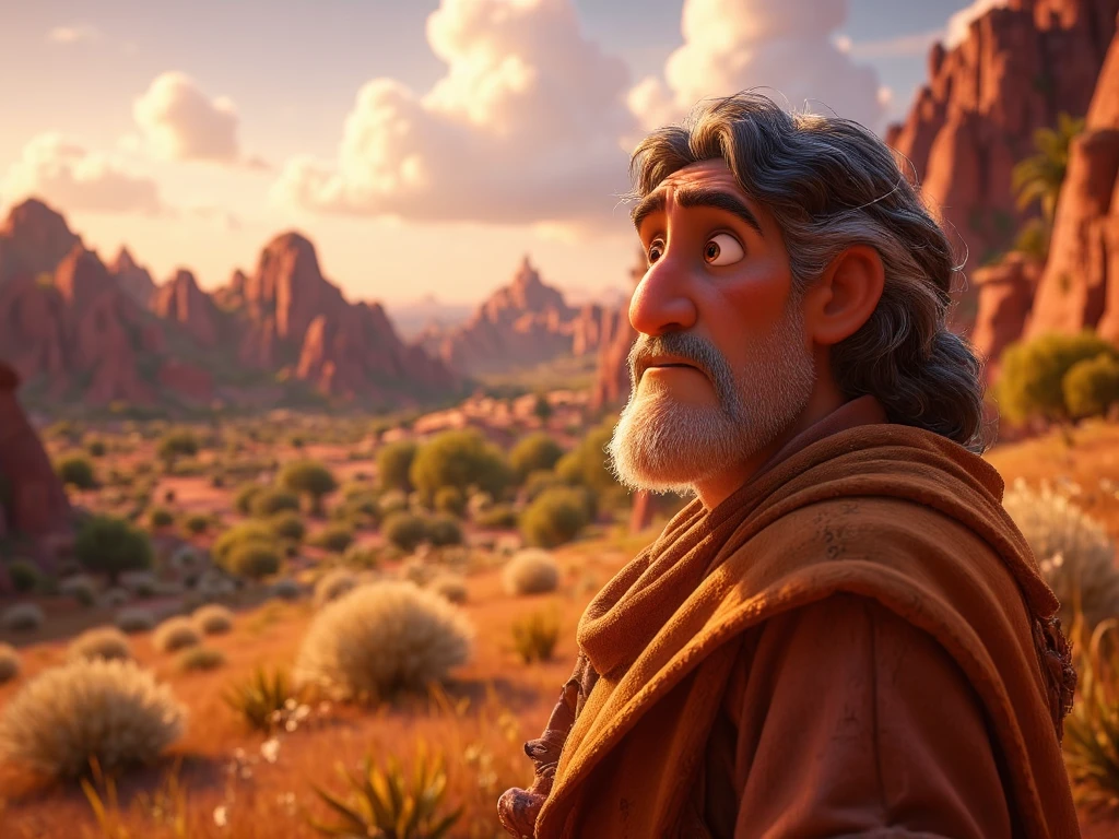 Abraham stands in a desert field next to a bright presence representing God, looking towards Sodom on the horizon. Abraham, an elderly man with tan skin, a long gray beard, and wearing a simple robe in shades of brown typical of Old Testament attire, is deeply focused. God’s presence is represented as a figure surrounded by a soft golden light beside him. The camera is at medium range, capturing Abraham in profile as he observes the distant city.