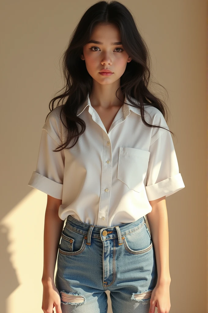 4k perfect picture quality, highly detailed realistic ((full body including legs)) Beautiful photo of 18 year old Anglo-Saxon sweaty girl, twisted braid (((Bright with God's eyes)) ((Perfect and delicate facial features)) and lively, (wearing a white shirt blue denim shorts with tassels) standing in a tall building by the bedroom window, white wall