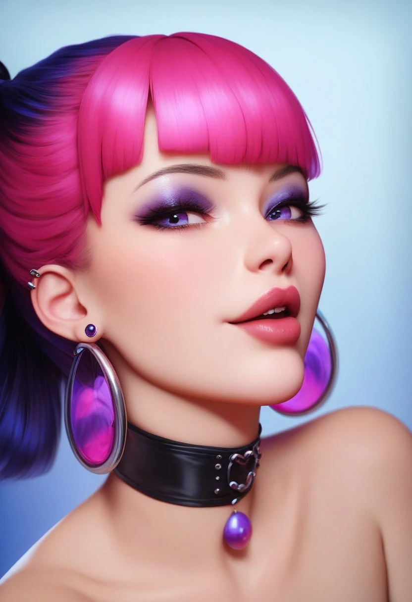 photorealistic portrait of stunning oriental goth woman, long multicoloured hair, platinum with blue and red, bangs, lips parted, seductive, sultry, lustful, choker, long earrings, sexy blouse, silhouetted, light hitting one side of face, the other side in darkness