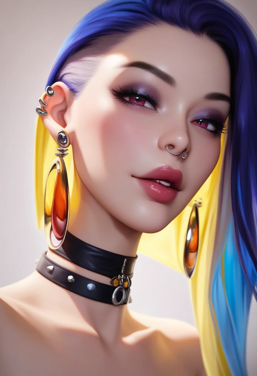 photorealistic portrait of stunning oriental goth woman, long multicoloured hair, platinum with blue and red, bangs, lips parted, seductive, sultry, lustful, choker, long earrings, sexy blouse, silhouetted, light hitting one side of face, the other side in darkness