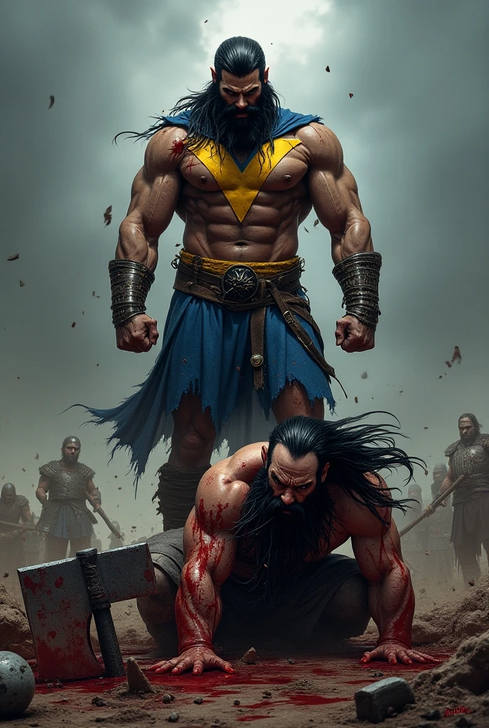 (giant, colossal, muscular, gigantic old man, expressive face, well-defined chin, very well defined face,larger-than-life figure, blue eyes, wrinkles, veins, long gray hair, thick gray moustache, full gray beard, towering presence, overwhelming size, immense power, massive strength), gigantic old man, expressive face, well-defined chin, very well defined face, growing in size with each passing moment, expanding exponentially, becoming larger and larger than any man-made structure, dominating the landscape, a true titan among men, with every muscle and sinew rendered in detail, every bulge and vein meticulously captured, showcasing the (raw power, strength, intensity) emanating from his form, he crushes buildings with his muscles, he destroys everything. The colors used are bold and vibrant, capturing the intensity of the scene, with (rich tones, vivid hues) that add depth and dimension to the artwork. The overall effect is one of awe and wonder, as the viewer is confronted with the sheer magnitude and power of this gigantic man. Long gray hair, bushy gray eyebrows, black skin, dark olive skin color, blue eyes, nose with pronounced bridge and outward curve that protrudes from the base of the nose, oiled skin, absurdly huge nose, hawk nose, big old man nose, convex nose, well groomed moustache, (80 years old daddy), enormous nose, eagle like nose, veins, sharp well groomed beard