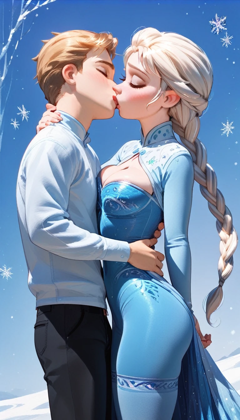 score_9, score_8_up, score_7_up, score_6_up, score_5_up, score_4_up, (Elsa frozen, long white braid, blue tight stockings), shy, blushed, cleavage, big breast, standing, (((young man kissing her, grab her butt))), indoor, dynamic angle, royalty