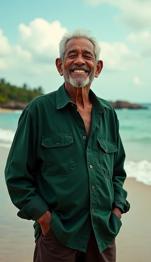 An elderly fisherman on the beaches of Rio Grande do Norte, Brazil. Dark, tanned skin. He wears simple, red clothes. The setting is in the late afternoon, in yellow and orange tones. The man smiles, he is on top of a raft holding a fish in one hand, while in the other he holds a fishing net.