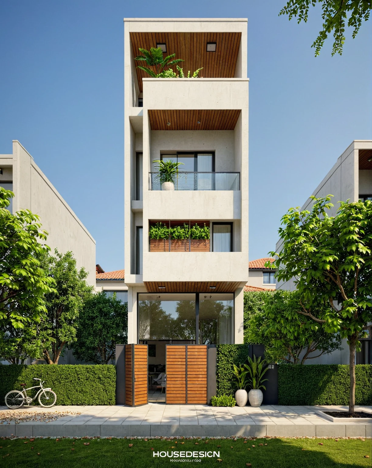 This image showcases a modern, narrow townhouse featuring a contemporary and minimalist design. Key aspects include:

- **Structure and Design:** 
  - Tall and slender to maximize space on a small plot.
  - Primarily white facade with gray or textured materials for a clean look.
  - Recessed balconies and strategic lighting add visual interest.

- **Greenery:** 
  - Each level includes planters and small balconies for plants, creating a vertical garden.
  - The rooftop features additional greenery and a wooden pergola for shade.

- **Entrance:** 
  - Simple ground floor entrance with dark-framed glass doors and textured gray material.

- **Windows and Balconies:** 
  - Windows with dark frames and privacy curtains; small balconies for plant display.

- **Surroundings:** 
  - Located in an urban setting with walls and other buildings visible, suggesting evening lighting.
Overall, the building embodies modern, environmentally conscious design with biophilic elements, well-suited for urban living while enhancing the living experience. The evening lighting accentuates its architectural features., Best Quality,Masterpiece, UHD, 4k, Stunning,Eye-catching,Sharp edge render, Award winner design in 2024, Photorealistic, High-Resolution, Detailed, Accurate, Vibrant, Dynamic Lighting, Textured, Perspective, Atmospheric, Contextual, Balanced Composition, Material Realism, Interactive, Immersive, Narrative, Minimalist