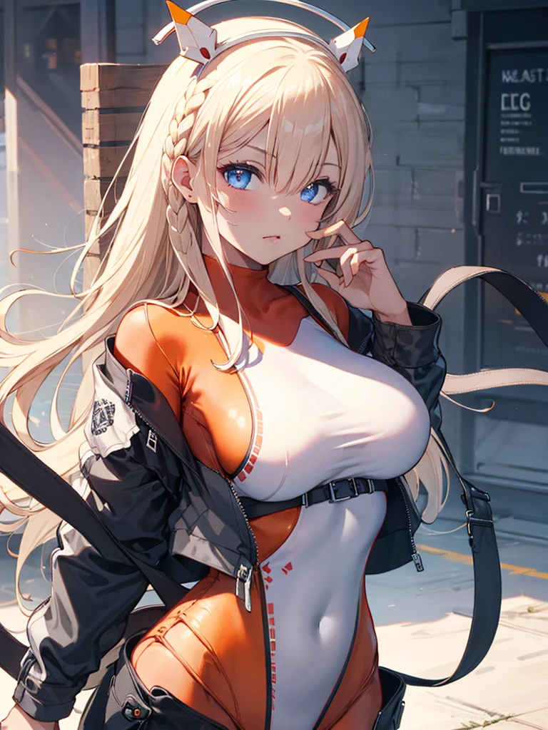 upper body,1girl,tove, headgear, braid, (orange bodysuit), jacket, long sleeves, thong,masterpiece,Noise Reduction,perfect anatomy,high resolution, ultra-detailed,game cg,dutch angle ,beautiful detailed eyes,visualart,five fingers, perfect hands, perfect lighting,