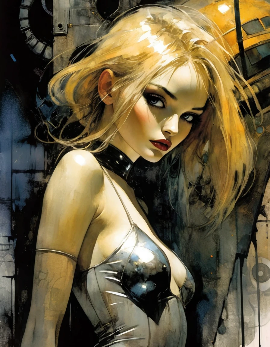 futuristic world: 1.5, surrealism, impressionism, oil painting, chiaroscuro, sensual, dramatic lighting, moody atmosphere, art inspired by Bill Sienkiewicz

