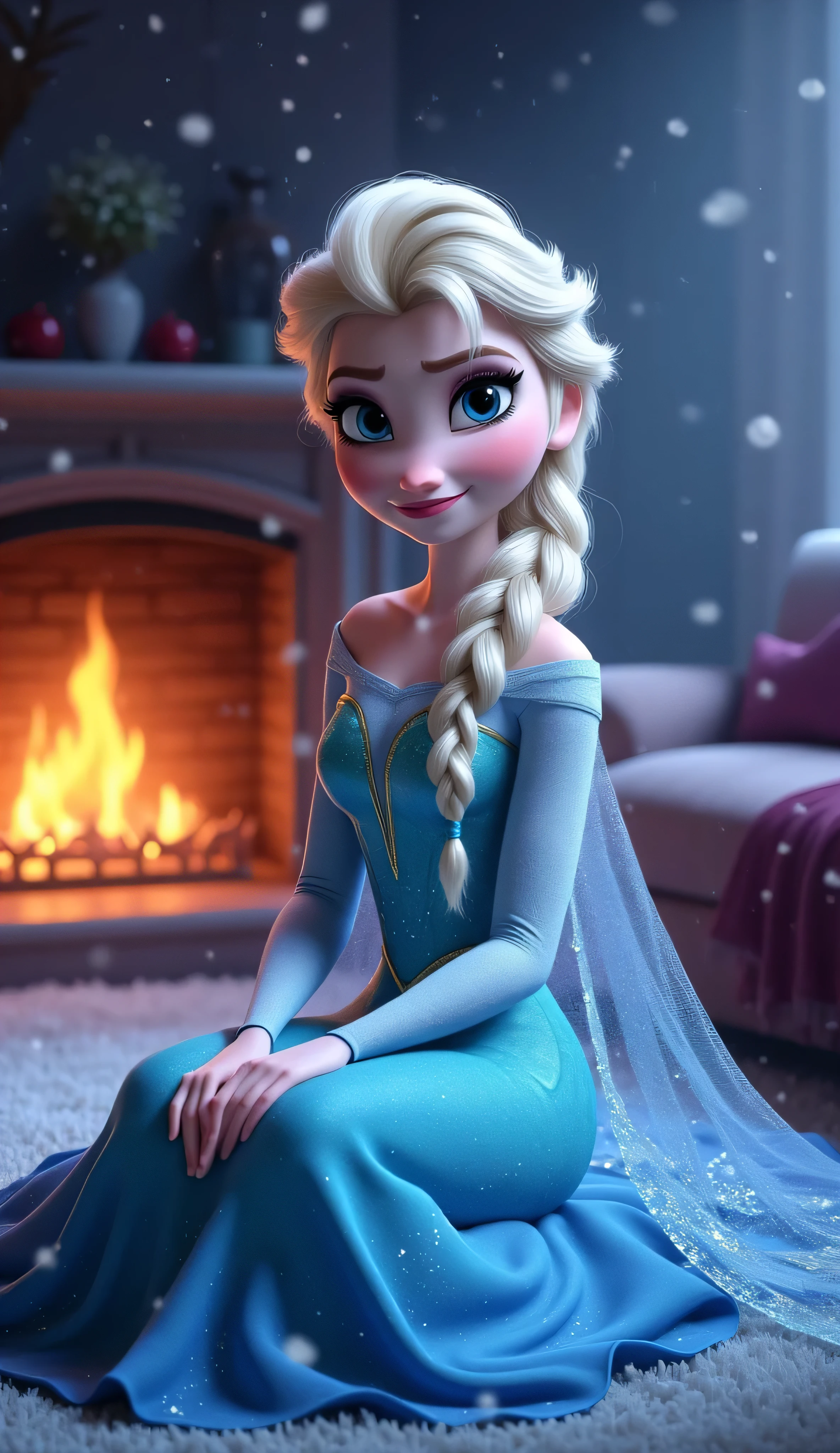 Score_9, score_8_up, score_7_up, (masterpiece:1.4),(best qualit:1.4),(high resolution:1.4),elsa of arendelle, blue ice dress, single braid ,sitting,single braid,(looking at viewer:1.1),(night:1.2),couch,fireplace,smile,1girl,solo,solo focus, Disney-Pixar 