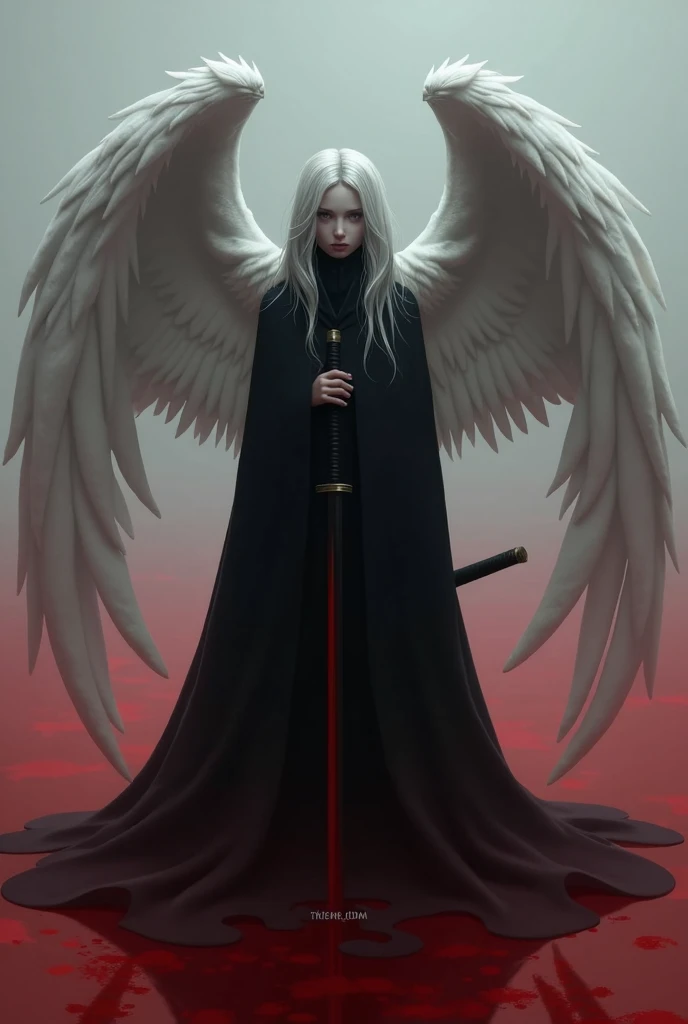 a blood-covered yandere angel boy,angelic appearance,detailed facial features,piercing eyes,intense expression,pale skin,blood-stained clothes,dramatic lighting,moody atmosphere,dark fantasy,digital art,concept art,highly detailed,cinematic,photorealistic