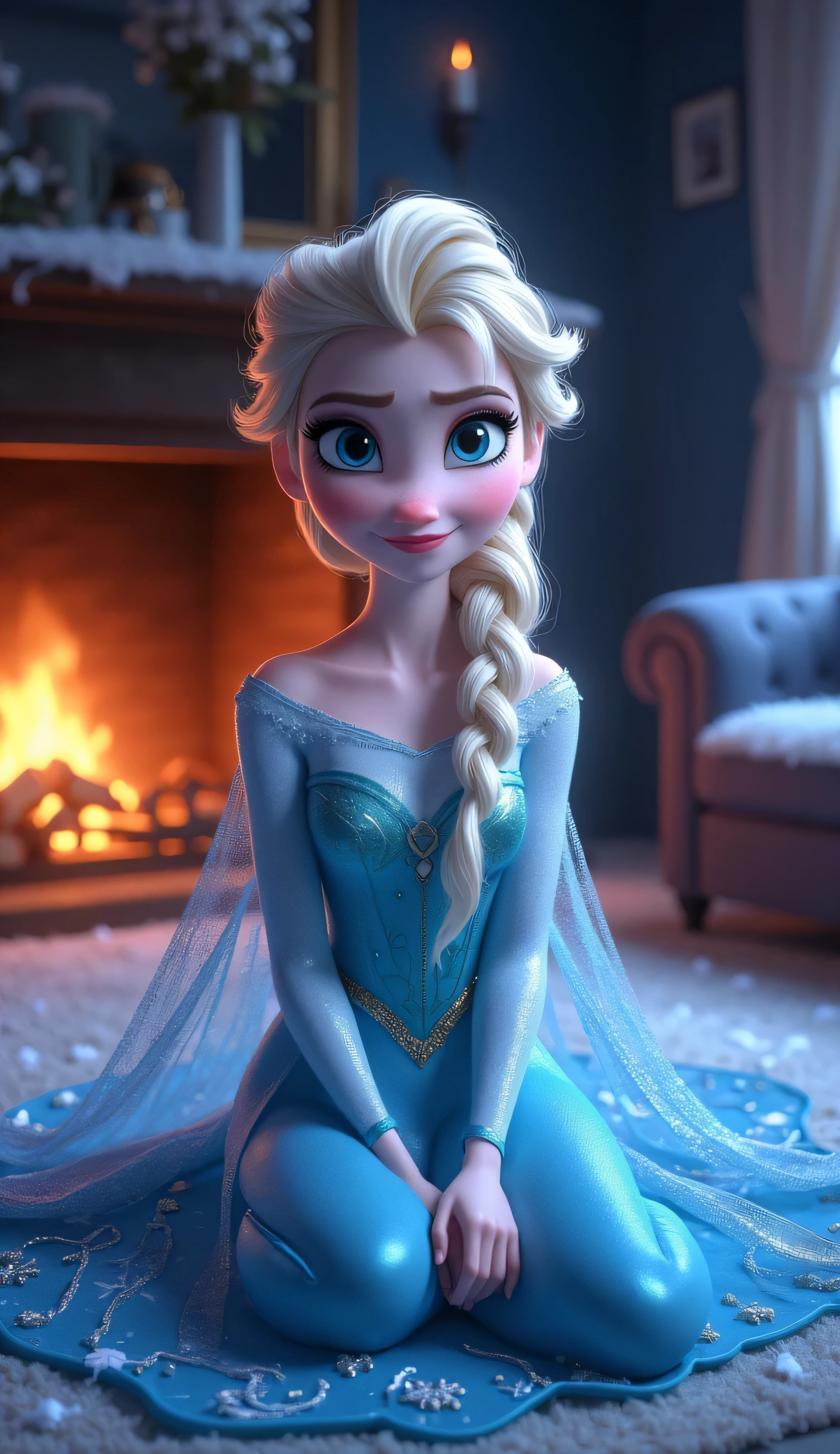 Score_9, score_8_up, score_7_up, (masterpiece:1.4),(best qualit:1.4),(high resolution:1.4),elsa of arendelle, blue ice dress, single braid ,sitting,single braid,(looking at viewer:1.1),(night:1.2),couch,fireplace,smile,1girl,solo,solo focus, Disney-Pixar 