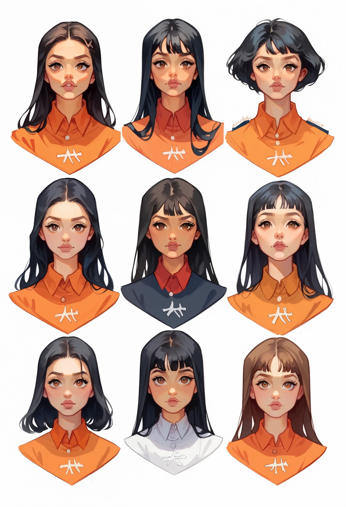 score_9, score_8_up, score_7_up, score_6_up, MulanXLP, 4girls, h3l3n, ,hyper dynamic poses, facing the viewer, cartoon, brown eyes, cute, face_portrait, dynamic angle, extreme view from above, black hair, traditional media, watercolor, white backgroundwhite background