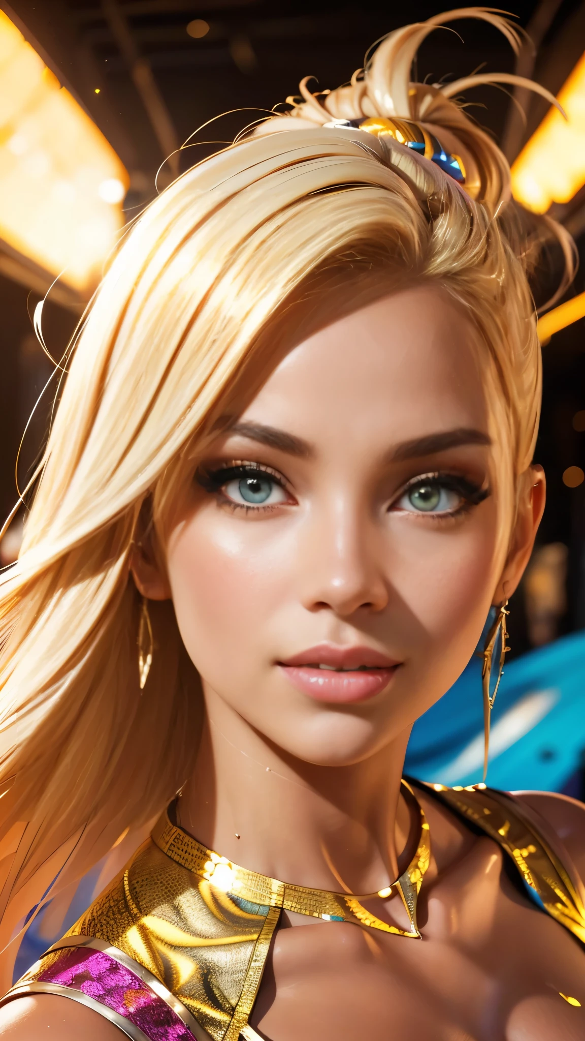 beautiful blonde woman, cel shading cartoon comic style, bold vibrant complimentary colors, glitter glowing outlines, red and gold palette, at the favela slum, hyper detailed, portrait stunning oil painting, sharp focus, photorealistic, best image